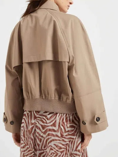Brunello Cucinelli Brown Double-breasted Crop Jacket With Windbreak Flap And Classic Wide Lapels In Cotton Blend Woman