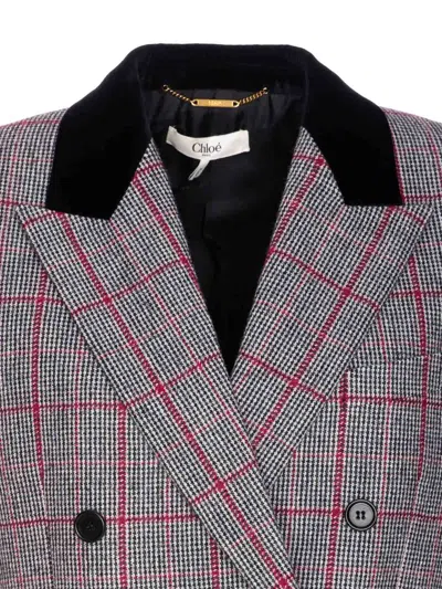 Chloé Double-breasted Velvet-trimmed Checked Wool Blazer
