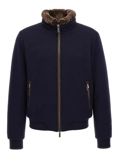 Moorer Padded Fleece Zip-up Jacket With Detachable Faux-fur Collar In Blue
