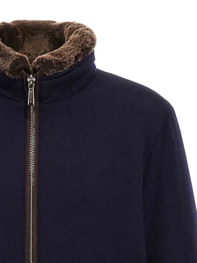 Moorer Padded Fleece Zip-up Jacket With Detachable Faux-fur Collar In Blue