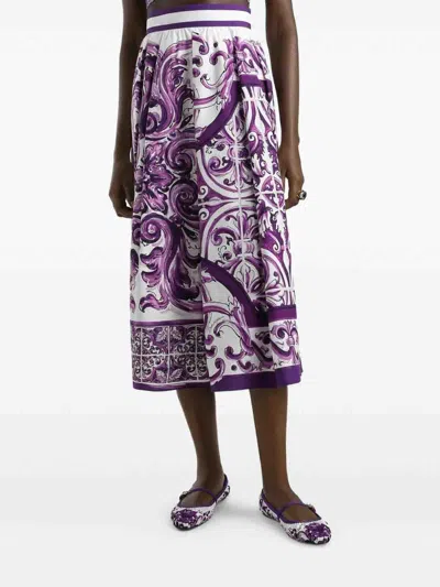 Dolce & Gabbana Women Maiolica Mix Print Poplin Pleated Skirt