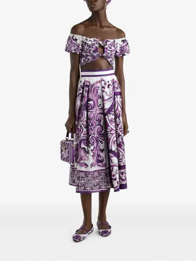 Dolce & Gabbana Women Maiolica Mix Print Poplin Pleated Skirt