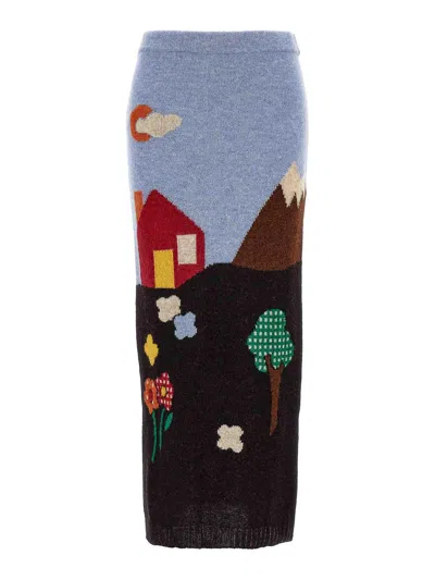 Moschino Shetland Wool Knit Skirt With Landscape Intarsia