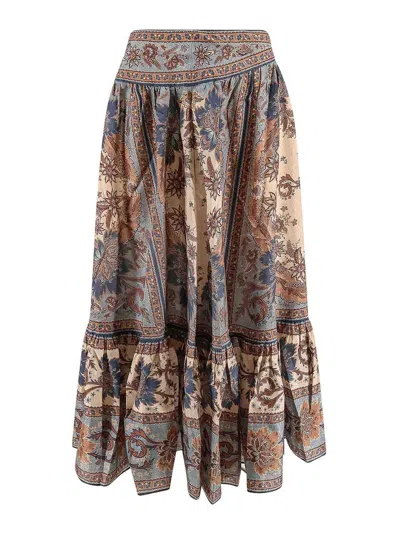 Zimmermann Womens Blue Cream Indienne Ascension Tiered Silk Midi Skirt Xs
