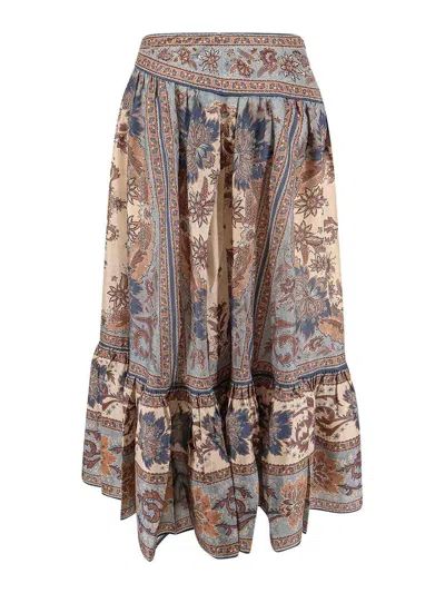 Zimmermann Womens Blue Cream Indienne Ascension Tiered Silk Midi Skirt Xs
