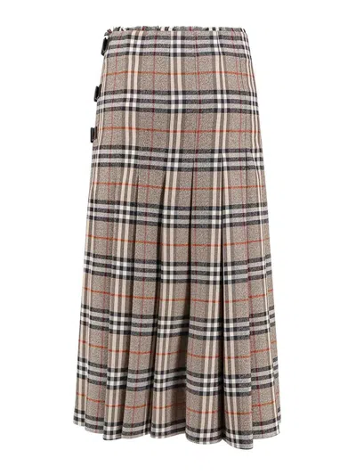 Burberry Beige Midi Skirt With Side Buckle Closure And All-over Check Motif In Wool Woman