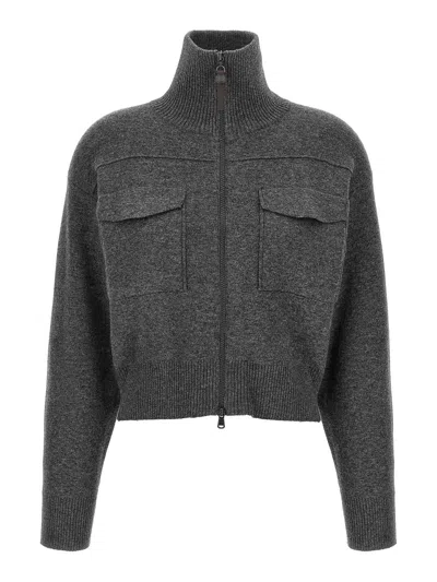 Brunello Cucinelli Shiny Zipper Pull Wool Cardigan