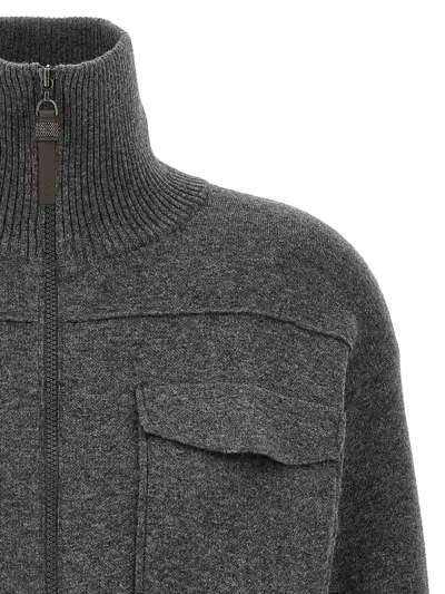 Brunello Cucinelli Shiny Zipper Pull Wool Cardigan