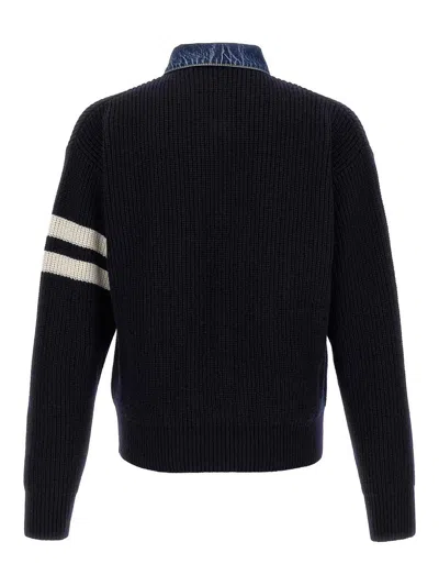Dsquared2 Blue Cardigan With Denim Panels And Striped Details On The Sleeve In Wool And Cashmere Man In Blue