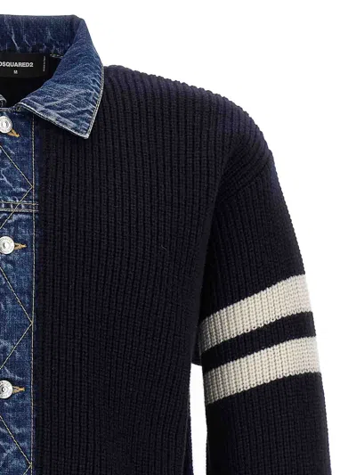 Dsquared2 Blue Cardigan With Denim Panels And Striped Details On The Sleeve In Wool And Cashmere Man In Blue