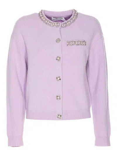 Self-portrait Lilac Crystal Trim Knit Cardigan