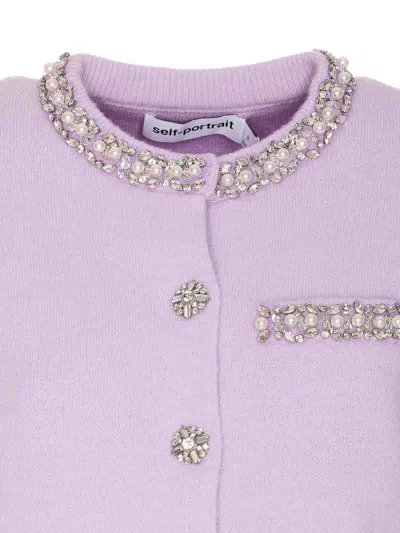 Self-portrait Lilac Crystal Trim Knit Cardigan