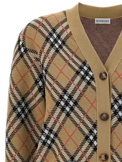 Burberry Check V-neck Cardigan In Wool And Mohair Blend In Brown