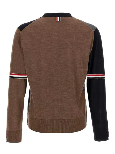 Thom Browne Navy/grey/brown Wool Cardigan In Black