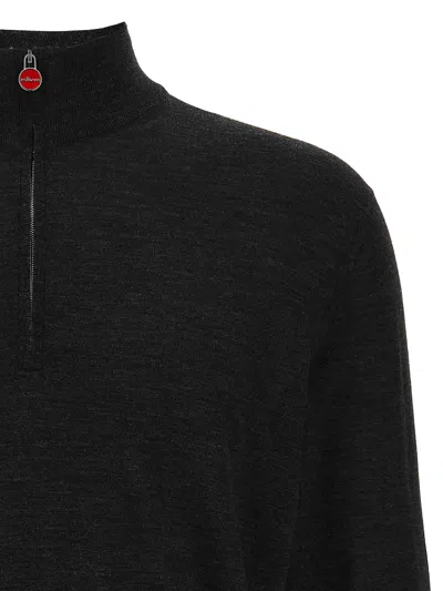 Kiton Wool Long Sleeve Polo With Ribbed Cuffs And Hem In Black