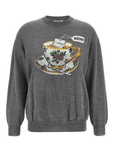 Moschino Crew Neck Graphic Print Intarsia Sweater