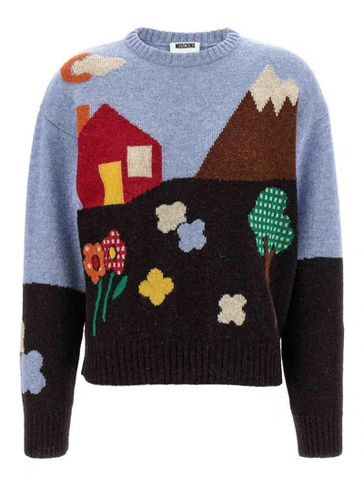 Moschino Shetland Wool Sweater With Landscape Intarsia In Multi