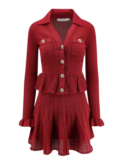 Self-portrait Self Portrait Women Burgundy Pointelle Knit Long-sleeved Mini Dress