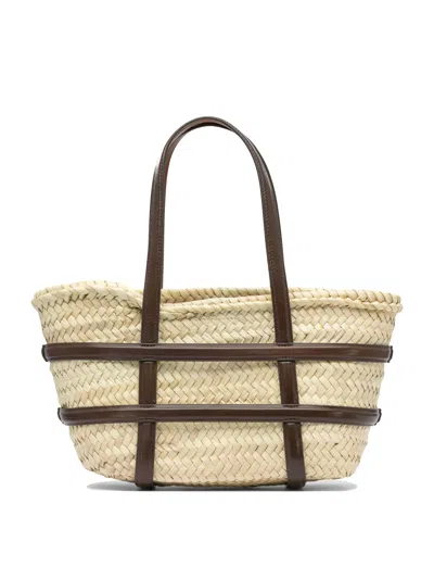 Tory Burch Small Ella Shopping Bag In Straw Classic Leather Color In Brown