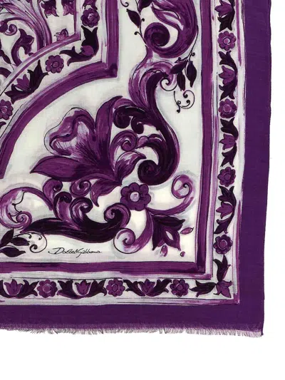 Dolce & Gabbana Stole With 'maiolica' Print And Fringed Edges In Purple