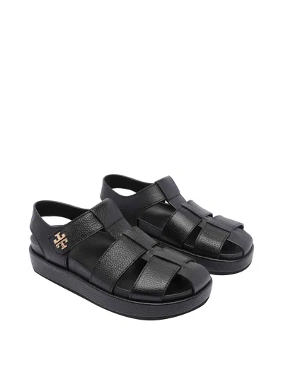 Tory Burch Kira Black Sandals With Logo Plaque In Grained Leather Woman In Black