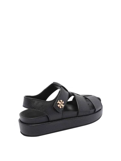 Tory Burch Kira Black Sandals With Logo Plaque In Grained Leather Woman In Black