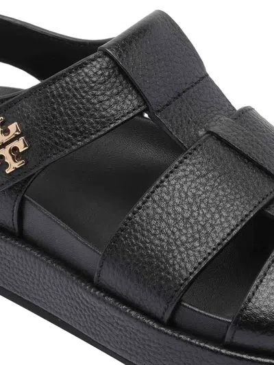 Tory Burch Kira Black Sandals With Logo Plaque In Grained Leather Woman In Black