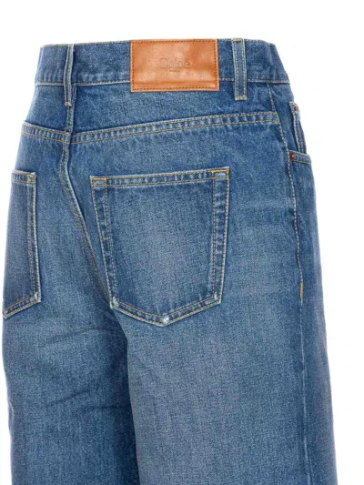 Chloé Blue High Waisted Jeans With Wide Leg And Logo Patch On The Rear In Denim Woman In Blue