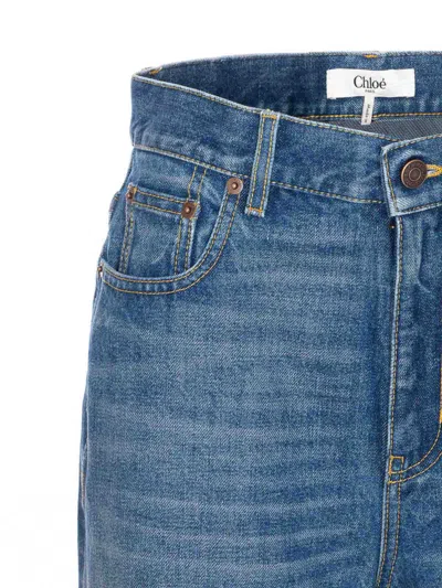 Chloé Blue High Waisted Jeans With Wide Leg And Logo Patch On The Rear In Denim Woman In Blue
