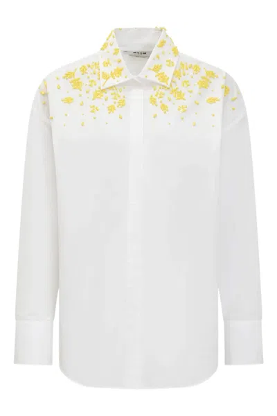 Msgm White Shirt With Classic Collar And Front Embellishment