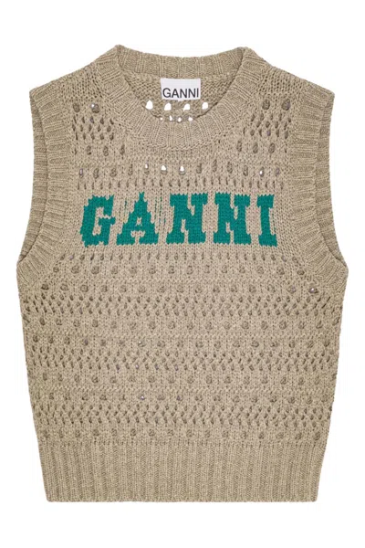 Ganni Perforated Vest With Logo Inlay In Gray