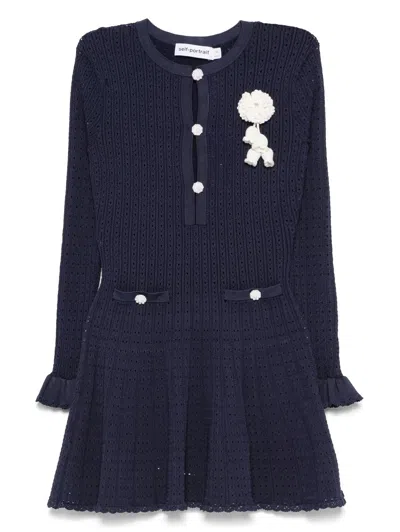 Self-portrait Self Portrait Women Perforated Knit Short Dress With Removable Lace Brooch In Blue