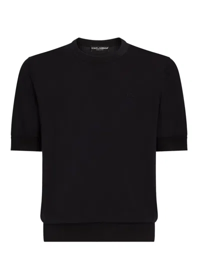 Dolce & Gabbana Silk Round-neck Sweater With Dg Embroidery In Black
