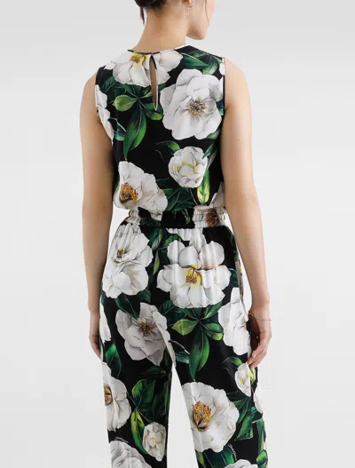 Dolce & Gabbana Gardenia Print Stretch Silk Charmeuse Sleeveless Top In Green