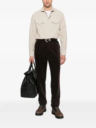 Brunello Cucinelli Men Easy Fit Western Shirt In Corduroy In Nude