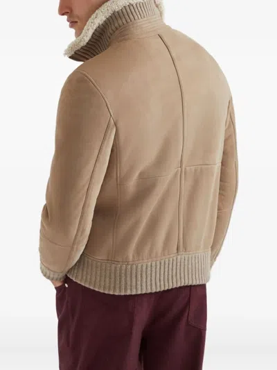 Brunello Cucinelli Bomber Jacket With Shearling Collar And Ribbed Finish