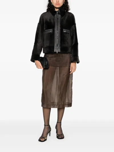 Brunello Cucinelli Grey Shearling Jacket With Two Front Welt Pockets With Zip In Black