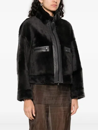 Brunello Cucinelli Grey Shearling Jacket With Two Front Welt Pockets With Zip In Black