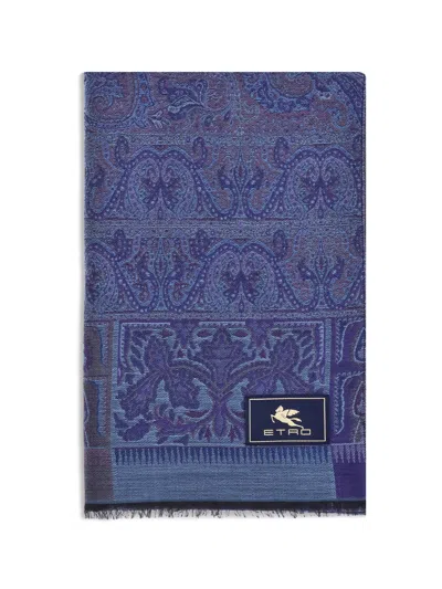 Etro Men Jacquard Wool And Silk Scarf In Blue