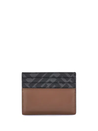 Fendi Leather And Ff Canvas Squared Card Holder In Brown