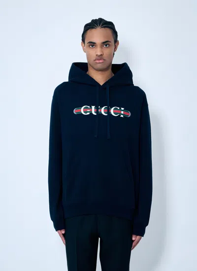 Gucci Blue Hoodie With Drawstring Hood And Logo Print On The Front In Jersey Man In Blue