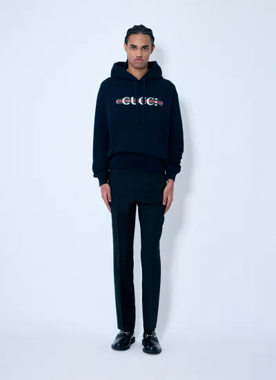 Gucci Blue Hoodie With Drawstring Hood And Logo Print On The Front In Jersey Man In Blue