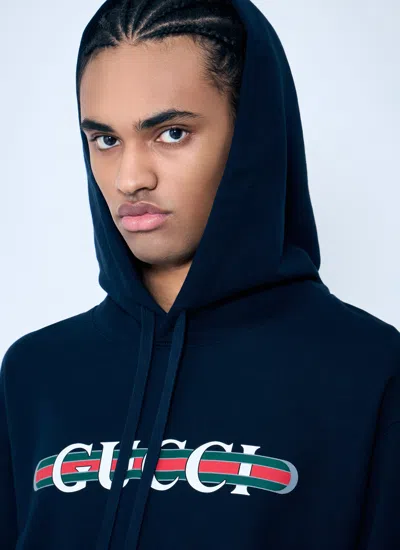 Gucci Blue Hoodie With Drawstring Hood And Logo Print On The Front In Jersey Man In Blue