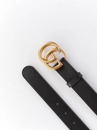 Gucci Double Gg Iconic Leather Belt In Black