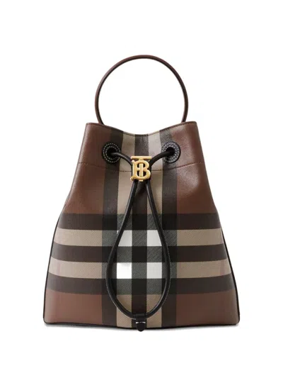 Burberry Logo Plaque Checked Drawstring Shoulder Bag