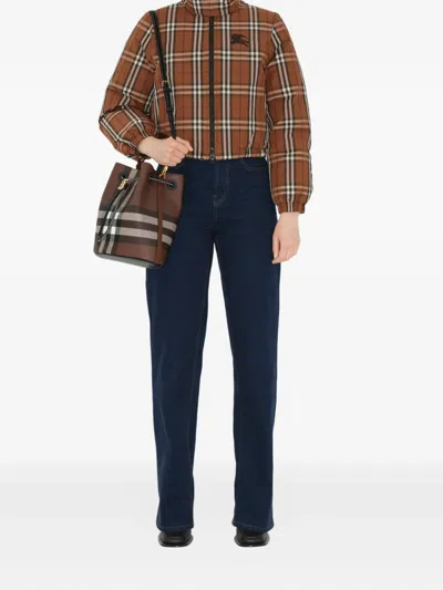 Burberry Logo Plaque Checked Drawstring Shoulder Bag