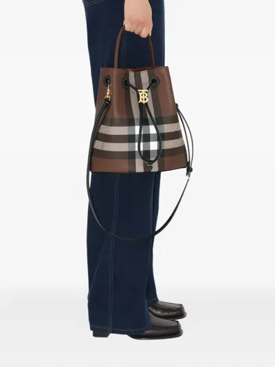 Burberry Logo Plaque Checked Drawstring Shoulder Bag