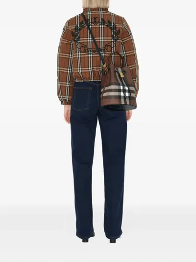 Burberry Logo Plaque Checked Drawstring Shoulder Bag