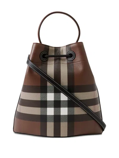 Burberry Logo Plaque Checked Drawstring Shoulder Bag