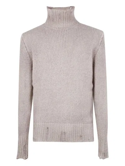 Avant Toi Hand Painted Cashmere And Silk High Neck Pullover With Destr In Neutral